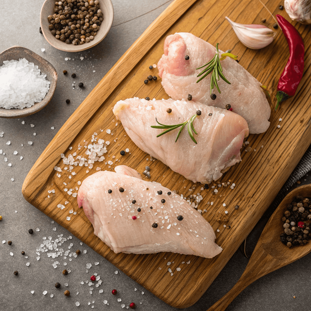A top-down view of raw chicken breasts on a wooden cutting board, sprinkled with salt and pepper.