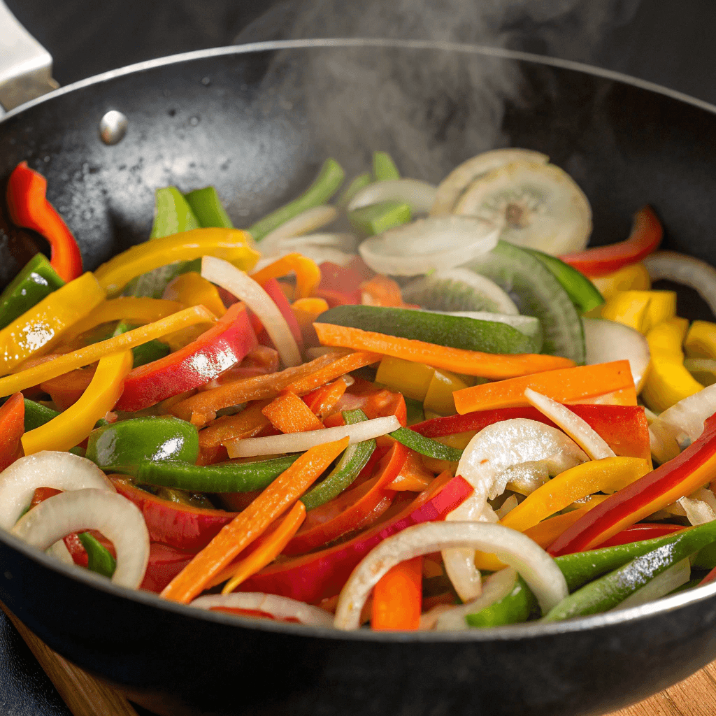 A vibrant mix of bell peppers, onions, and carrots sizzling in a pan.
