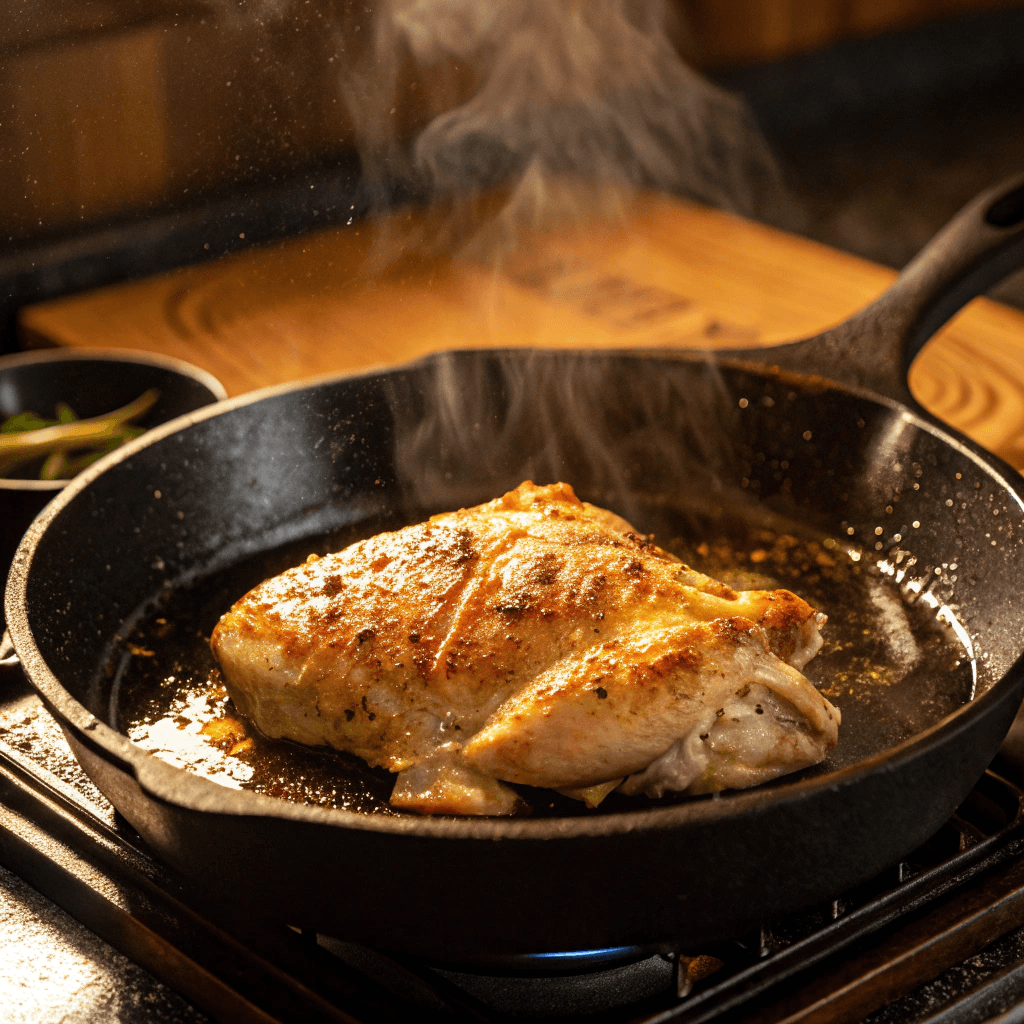 Chicken breasts sizzling in a cast-iron skillet, with golden sear marks forming.