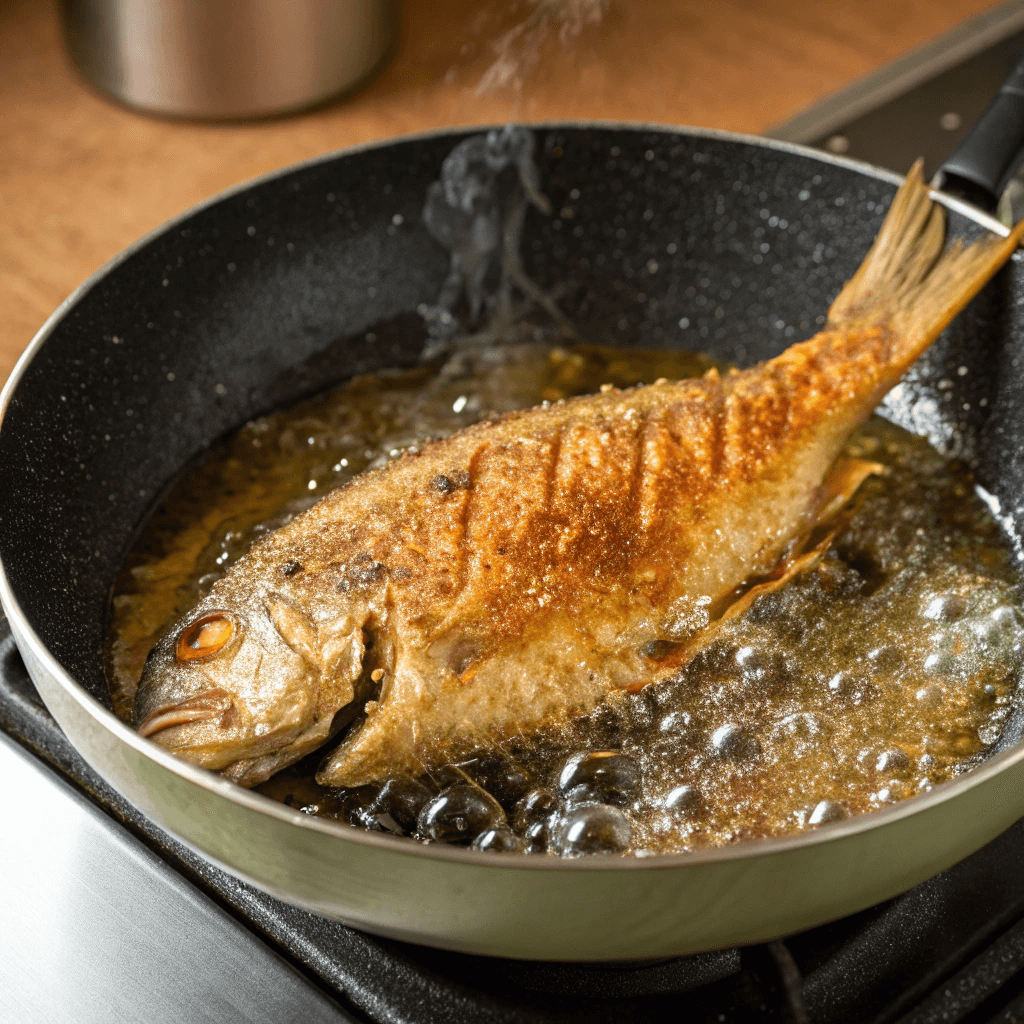 Golden-brown fried fish sizzling in a pan, with aromatic steam rising.