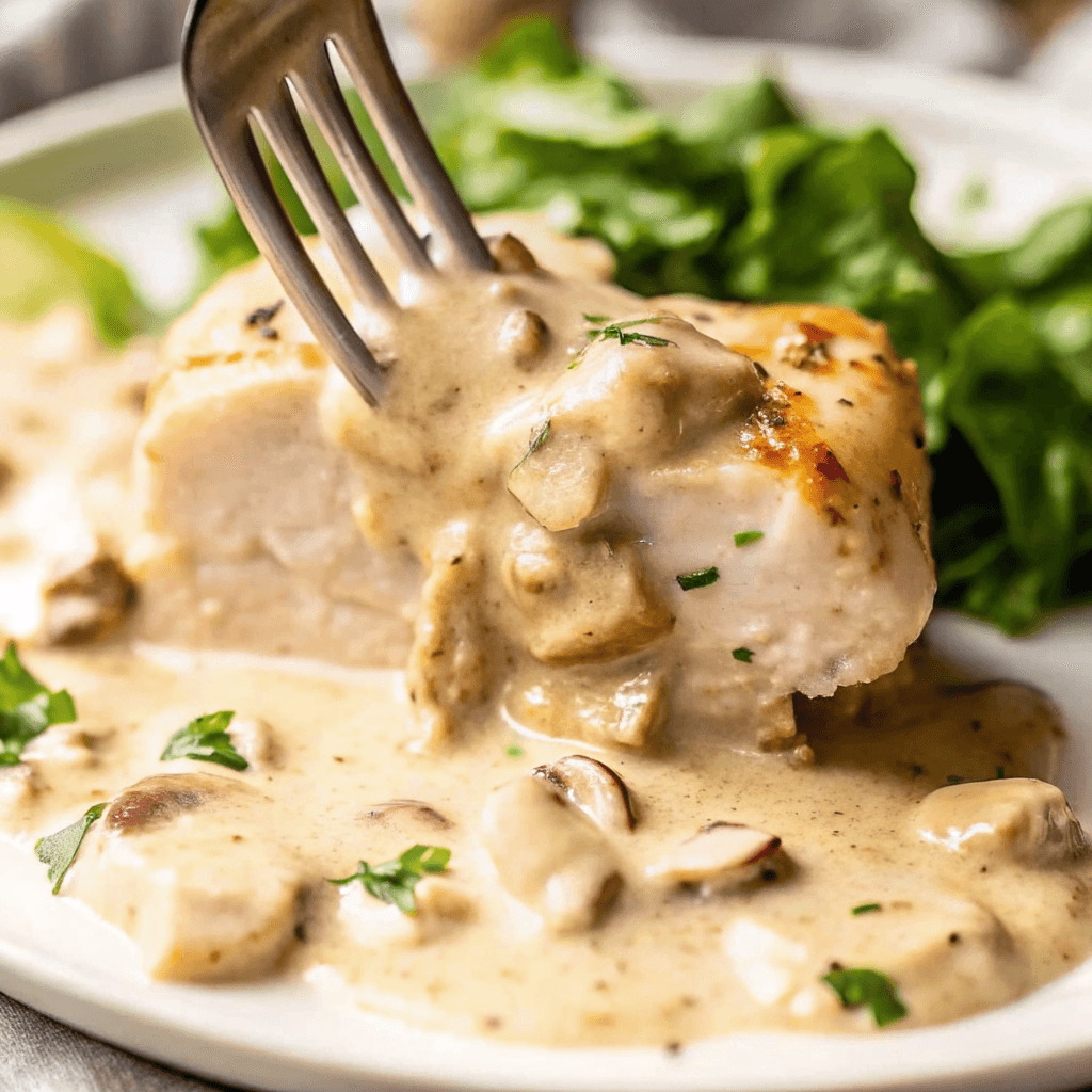 A close-up photo of a culinary scene featuring a dish with creamy, savory sauce and chunks of meat, garnished with green herbs. A fork is piercing through the sauce-covered meat, which is generously covered with a creamy sauce and garnished with finely chopped green herbs. The dish is served on a plate, and the background is blurred, with a hint of greenery. The image style is a high-resolution, close-up photograph.