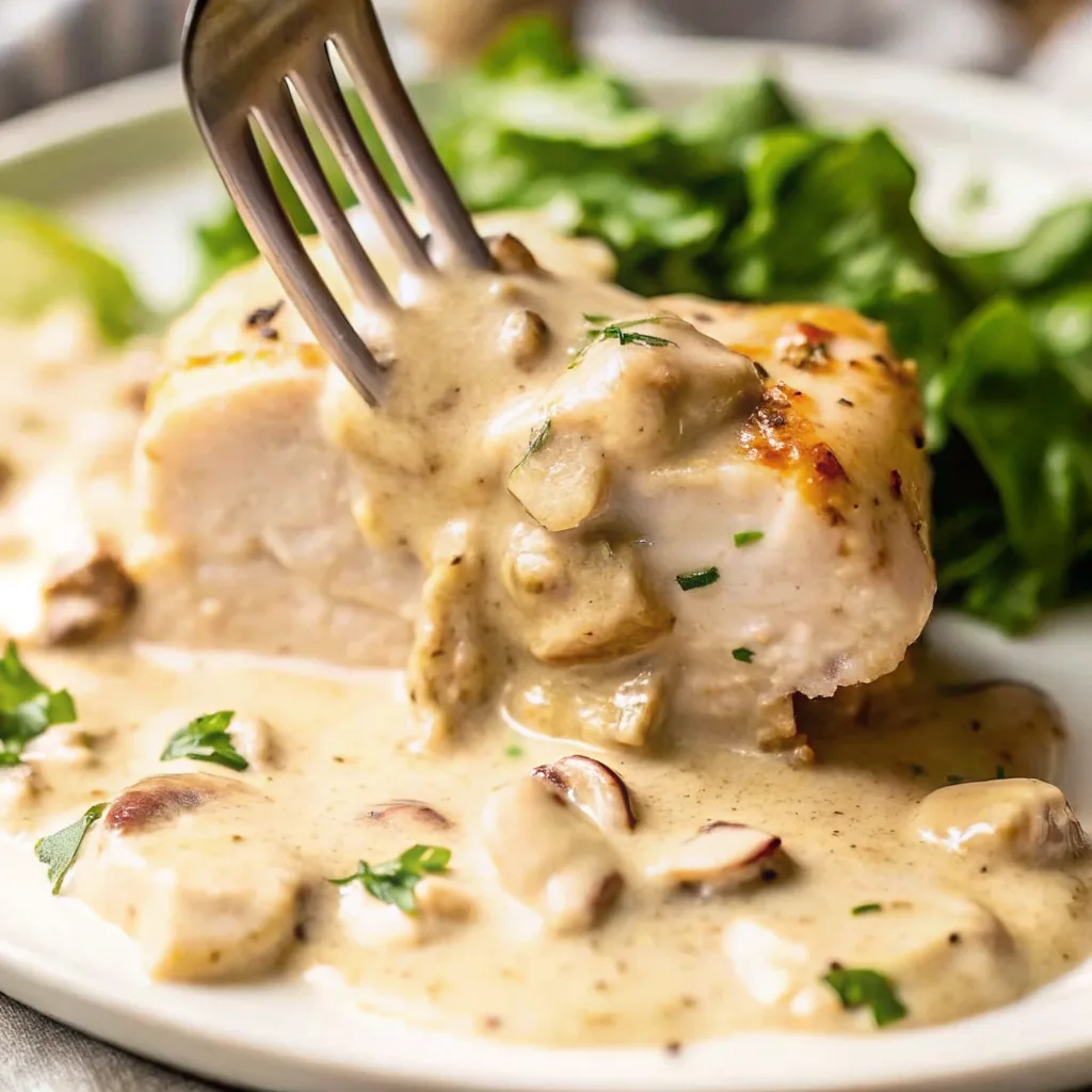 A close-up photo of a culinary scene featuring a dish with creamy, savory sauce and chunks of meat, garnished with green herbs. A fork is piercing through the sauce-covered meat, which is generously covered with a creamy sauce and garnished with finely chopped green herbs. The dish is served on a plate, and the background is blurred, with a hint of greenery. The image style is a high-resolution, close-up photograph.