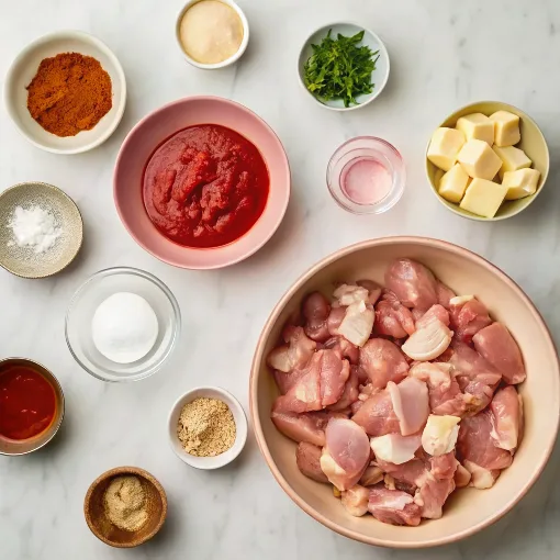 A photo of a culinary preparation scene on a marble countertop. The image features a variety of ingredients and cooking tools spread out, including raw poultry pieces, spices such as salt, chili powder, and butter, sauces like a rich red sauce, and a small amount of liquid. The ingredients are arranged in various bowls and dishes, with the poultry prominently displayed in a larger plate in the center. The bowls vary in size and shape. The marble countertop provides a smooth, neutral backdrop.