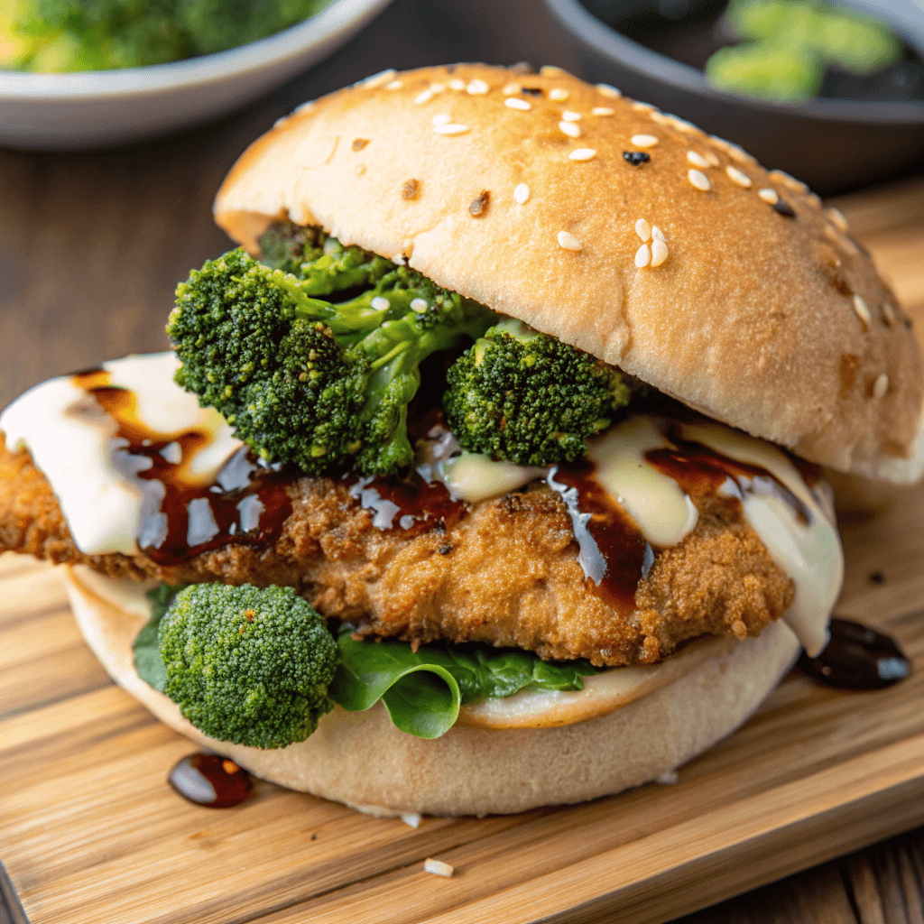 "ultra-close-up, high-quality image of a single Chicken Cutlet Sandwich, capturing its crispy golden-brown breading, melted cheese, and vibrant roasted bell peppers with intense focus. The sandwich is neatly stacked within a toasted ciabatta loaf, with visible layers of ingredients. The background is completely plain and softly blurred, avoiding distractions. Bright, natural lighting highlights the textures and freshness. The image emphasizes intricate details such as the gooey cheese pull, crispy edges of the chicken, and a slight drizzle of balsamic reduction. No utensils, crumbs, or extra elements are included, ensuring a clean and immersive close-up."