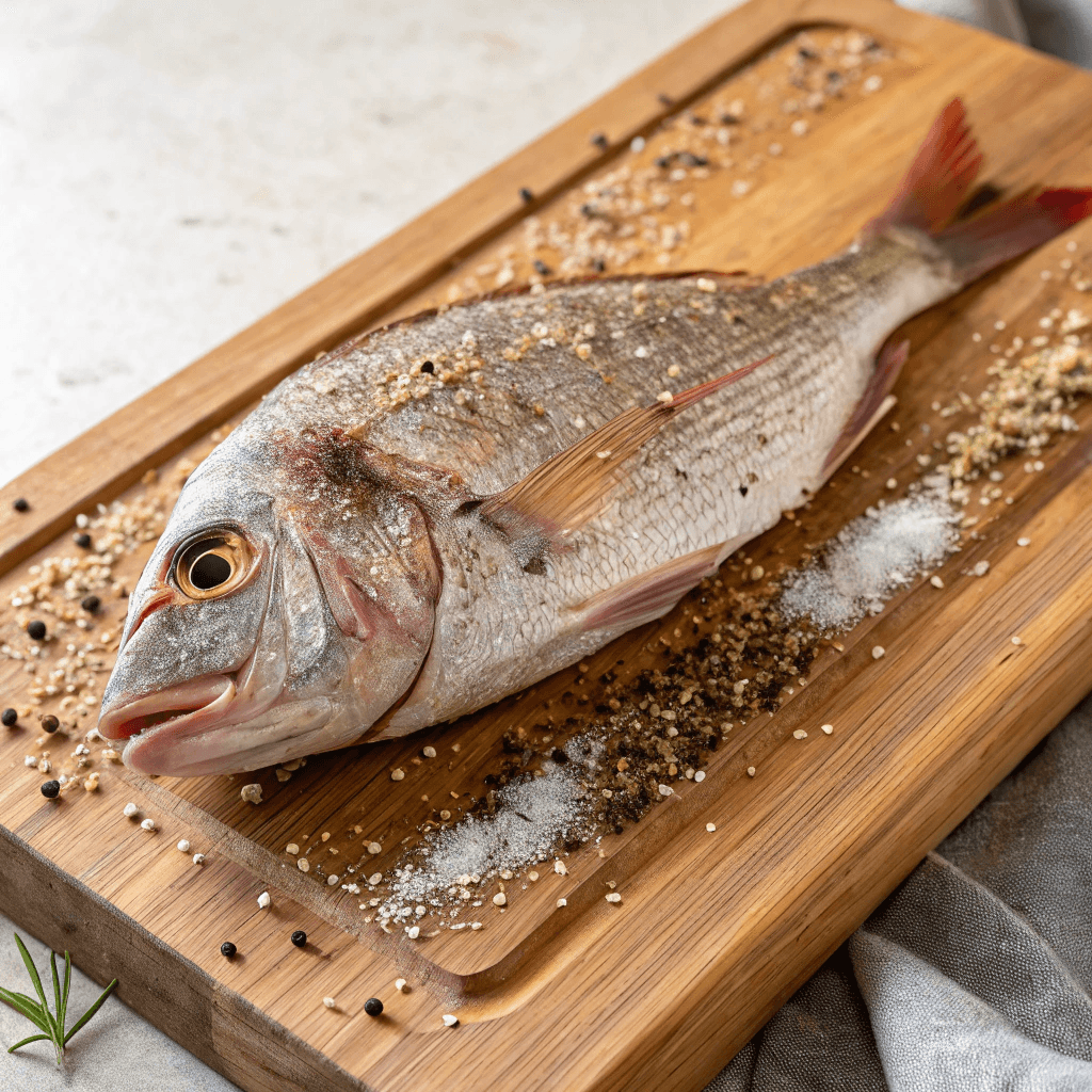Raw snapper, seasoned with salt, pepper, and jerk seasoning, resting on a wooden cutting board.
