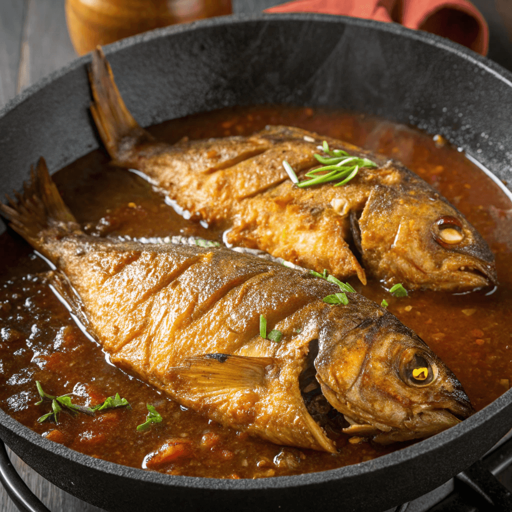 The fried fish simmering in the flavorful brown stew sauce.