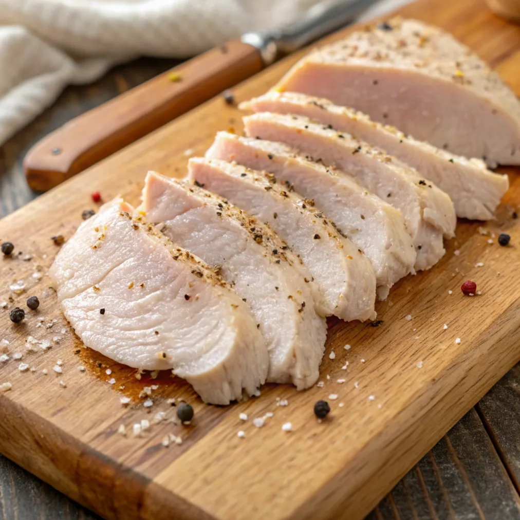 Thinly sliced chicken breasts seasoned with salt and pepper on a wooden cutting board.