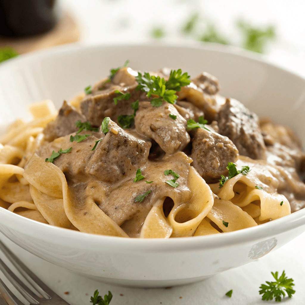 ultra-close-up, high-quality image of a single serving of healthier beef stroganoff, capturing its creamy sauce coating tender beef strips and whole wheat noodles with intense focus. The dish should be served in a shallow white bowl, with the framing tightly zoomed in to emphasize textures like the glossy sour cream sauce and seared beef edges. Background should be completely plain and softly blurred, using bright natural lighting to highlight the freshness and richness. Garnishes like finely chopped parsley should subtly complement without overpowering the dish.