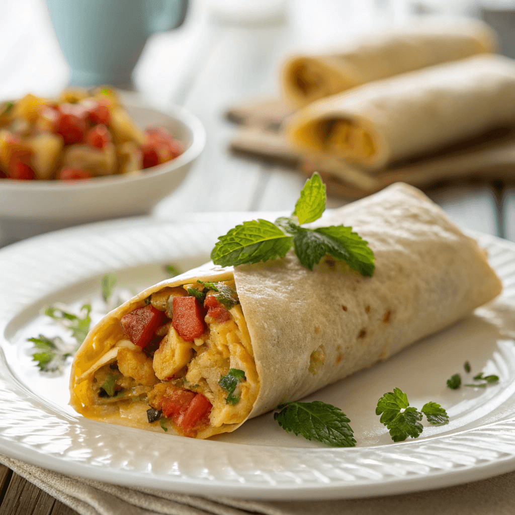 ultra-close-up, high-quality image of a single simple breakfast burrito, capturing its golden tortilla wrapping, vibrant vegetable pieces, and melty cheese oozing from the sides with intense focus. The burrito is placed on a plain white plate, with the background softly blurred. Bright, natural lighting emphasizes the warm tones and fresh textures. Garnished subtly with a mint leaf on the side, ensuring a clean and immersive close-up.