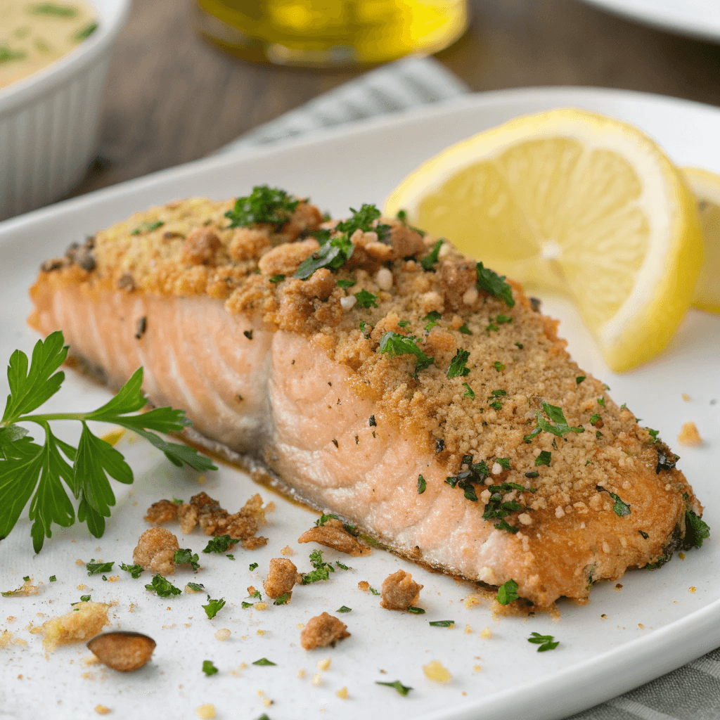 ultra-close-up, high-quality image of a single Baked Dijon Salmon fillet, capturing its crispy golden crust with flecks of fresh parsley and crunchy pecans. The salmon’s flaky interior is visible beneath the crust, and a thin drizzle of melted butter glistens on top. A lemon wedge sits beside the fillet, its fresh citrus juice beading on the surface. The background is softly blurred, ensuring the salmon remains the star of the image.