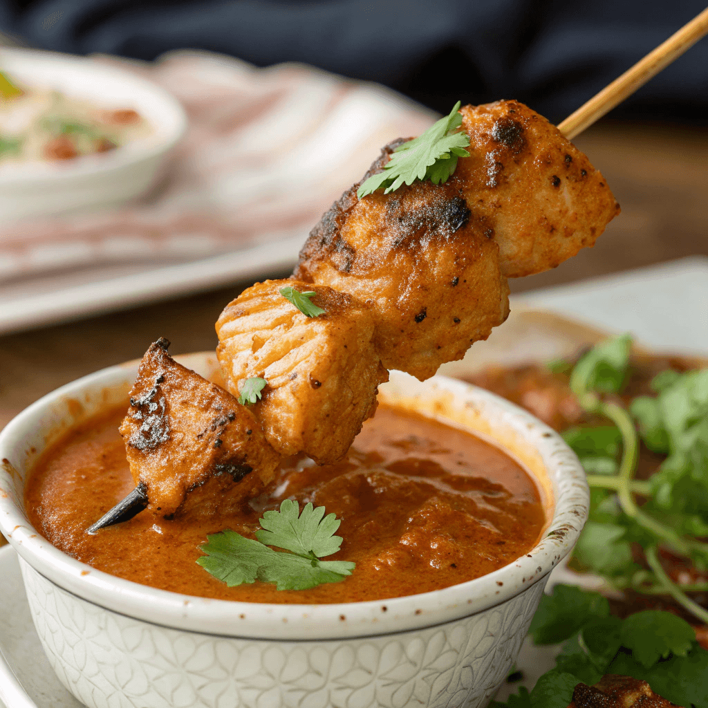 Ultra-close-up, high-quality image of a single Butter Chicken Bite, capturing its golden-brown, slightly charred exterior, glistening with rich butter sauce. The bite should be skewered or placed on a small dish, with a blurred background emphasizing warm, inviting tones. Highlights should showcase the glossy texture of the sauce, while a light sprinkle of fresh cilantro adds a pop of color. The image must exclude any extra elements to maintain a clean, immersive close-up