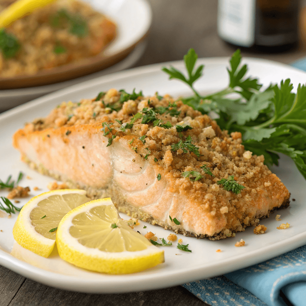ultra-close-up view of a plated Baked Dijon Salmon fillet, garnished with a fresh lemon wedge and parsley. The crispy topping glistens under natural light, highlighting its golden-brown color.