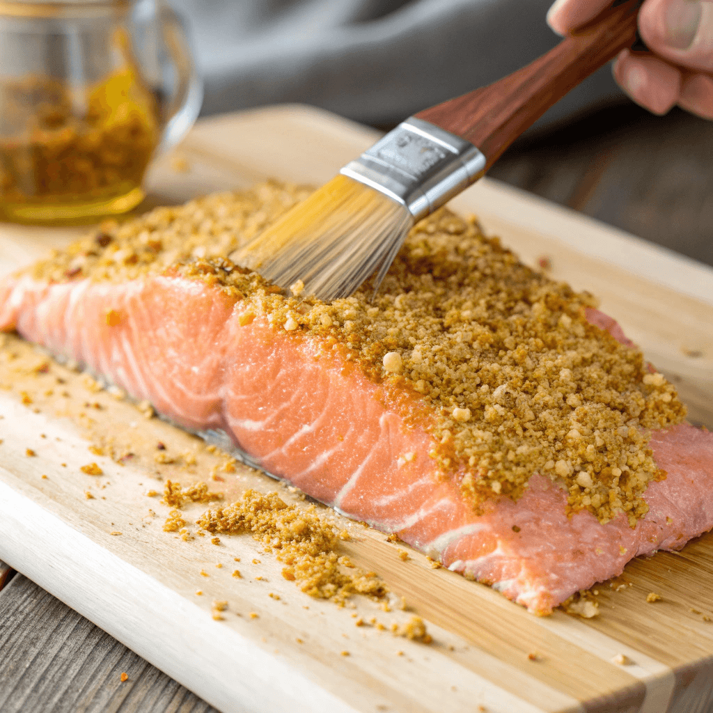 ultra-close-up view of a salmon fillet on a cutting board, with a brush applying the honey-mustard mixture evenly across its surface. The breadcrumb mixture is sprinkled on top, forming a golden crust.
