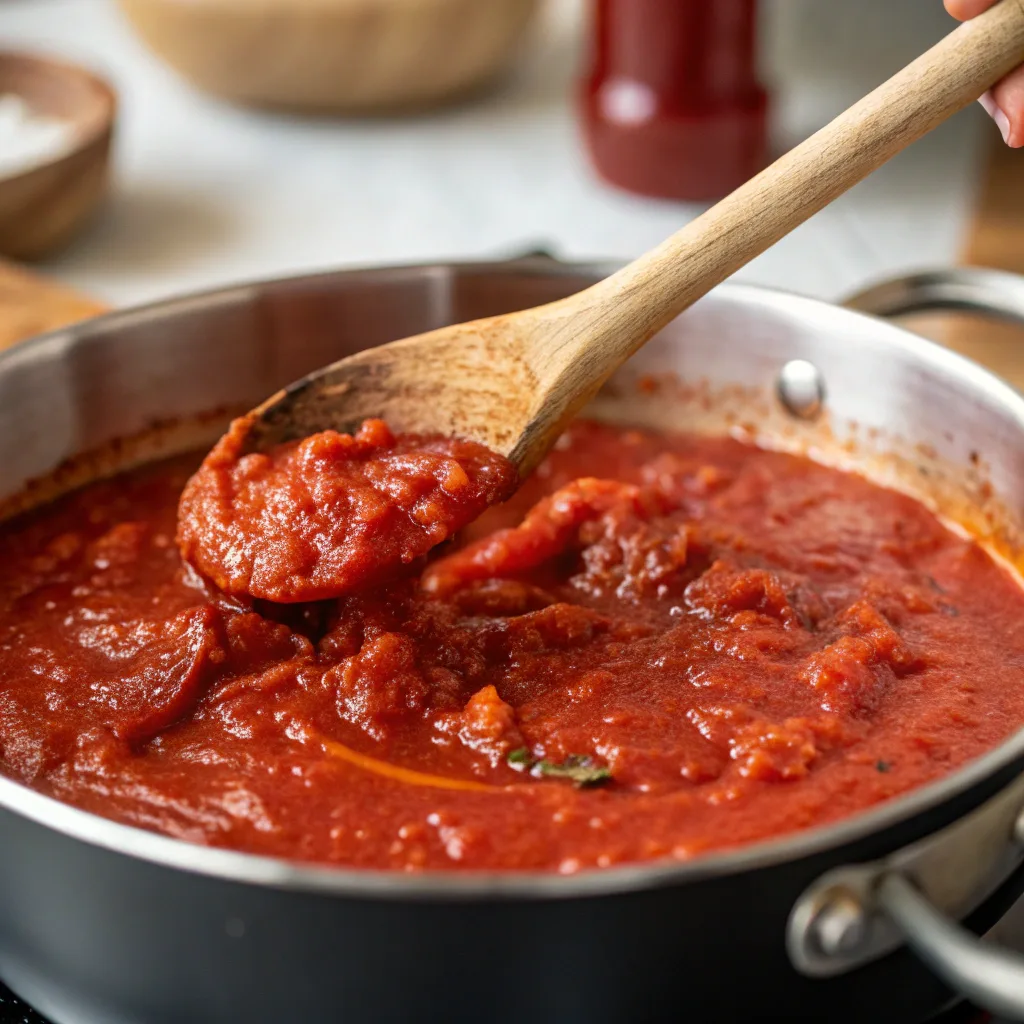Ultra-close-up view of a saucepan with a deep red, simmering tomato-based sauce. A wooden spoon stirs the mixture, revealing its thick consistency. The background remains blurred to keep the focus on the rich sauce.