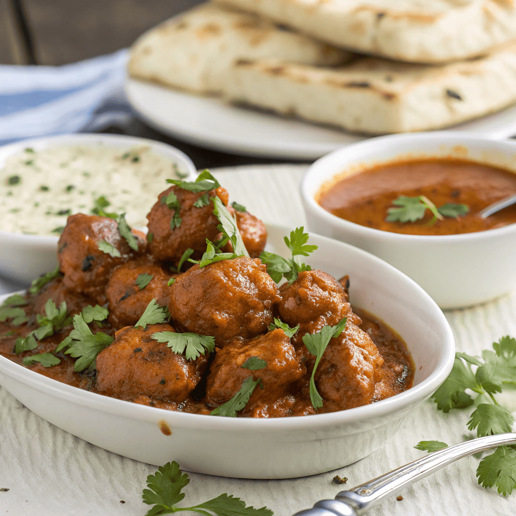 Ultra-close-up view of a serving plate filled with butter chicken bites, garnished with finely chopped cilantro. The sauce glistens under warm lighting, with a side dish of extra sauce nearby for dipping. The background remains softly blurred, drawing focus to the rich textures of the dish.