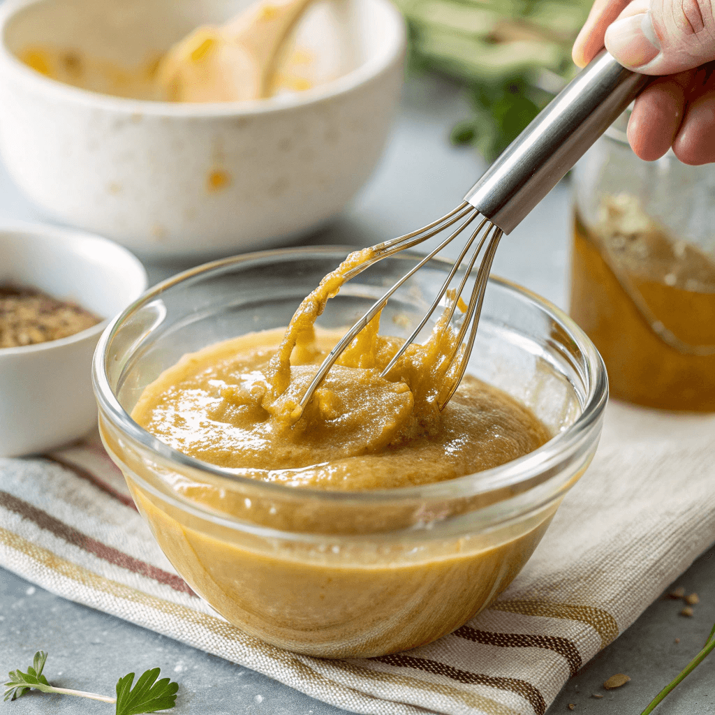 ultra-close-up view of a small glass bowl filled with a golden honey-mustard mixture, being whisked until smooth. The glossy texture of the sauce glistens under bright lighting.