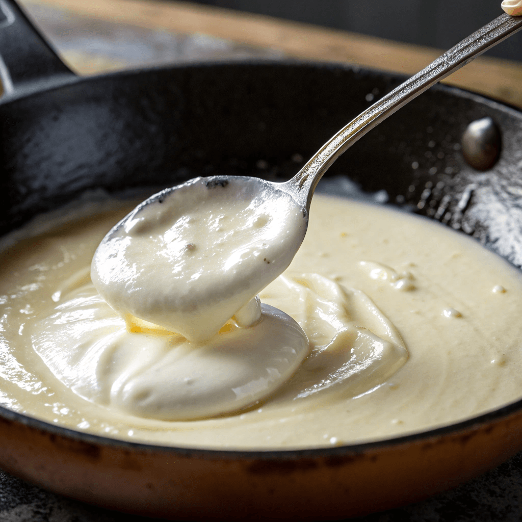 ultra-close-up view of a spoonful of light sour cream being folded into the skillet, transforming the sauce into a silky, creamy texture. Light reflects off the sauce, emphasizing its smooth consistency. The scene is framed to highlight the luxurious finish.