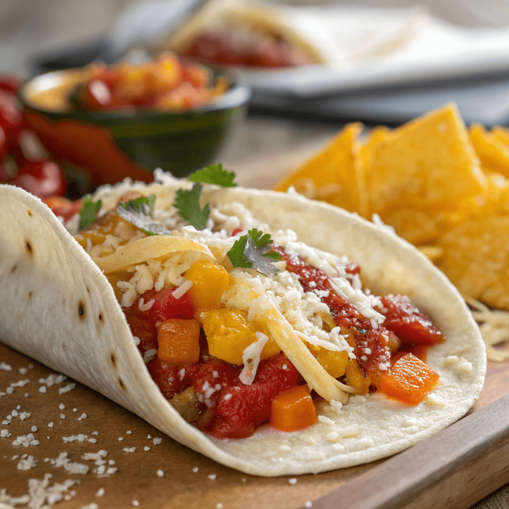 ultra-close-up view of a tortilla being filled with the mixture. Cheese is sprinkled on top. The filling is vibrant and glossy. A clean, blurred background keeps the focus on the textures and layers.