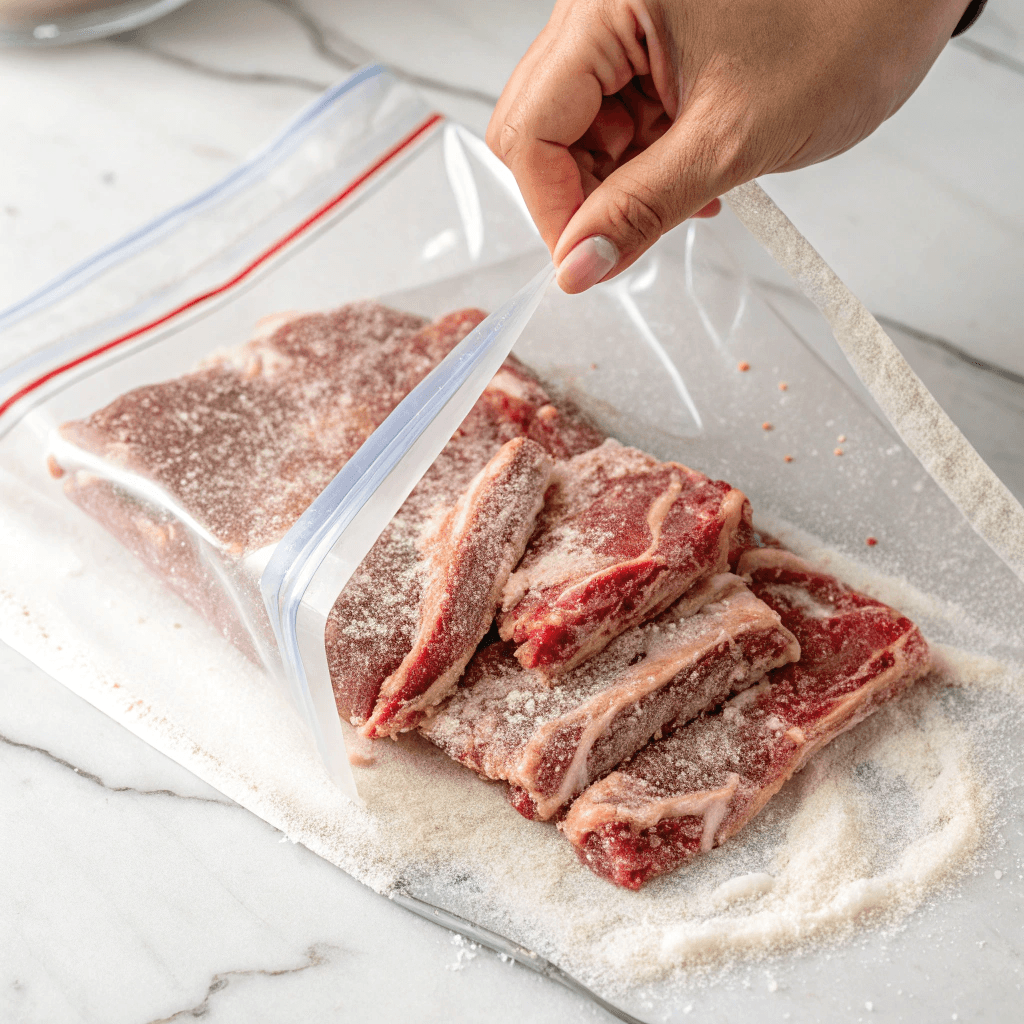 ultra-close-up view of beef strips inside a clear resealable plastic bag on a white marble countertop, lightly dusted with flour. The lighting highlights the texture of the raw beef and the powdery coating as a hand shakes the bag gently.