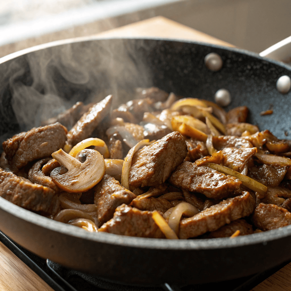 ultra-close-up view of browned beef strips in a non-stick skillet, with mushrooms and onions visibly softening. The skillet is placed on a stovetop, and steam is rising gently from the pan. Natural light enhances the glossy sear on the beef and the tender vegetables.
