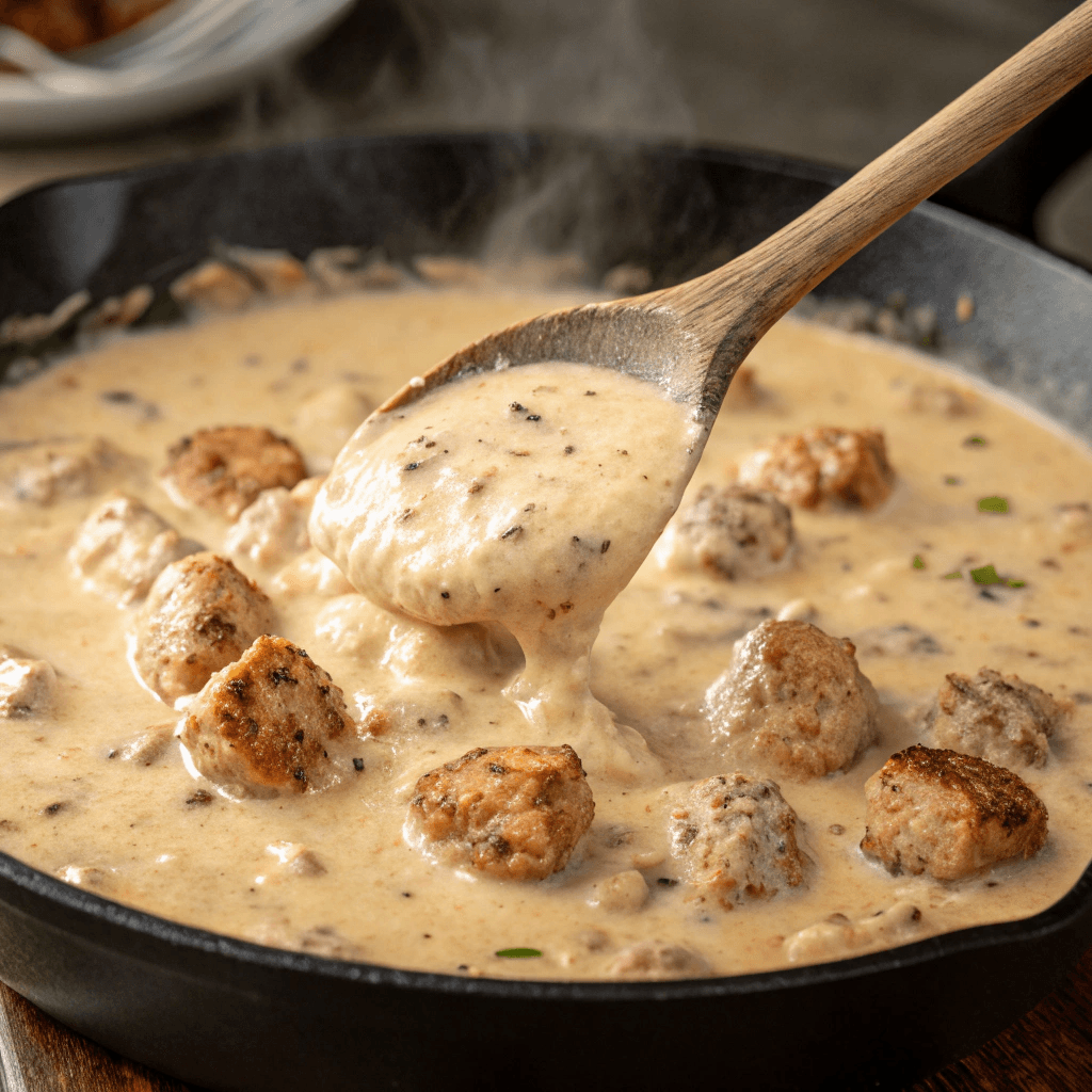 "Ultra-close-up view of creamy gravy being stirred in a skillet. The consistency appears thick and velvety, with steam rising as the mixture simmers. The golden-brown turkey sausage crumbles are evenly dispersed throughout the smooth, rich sauce."