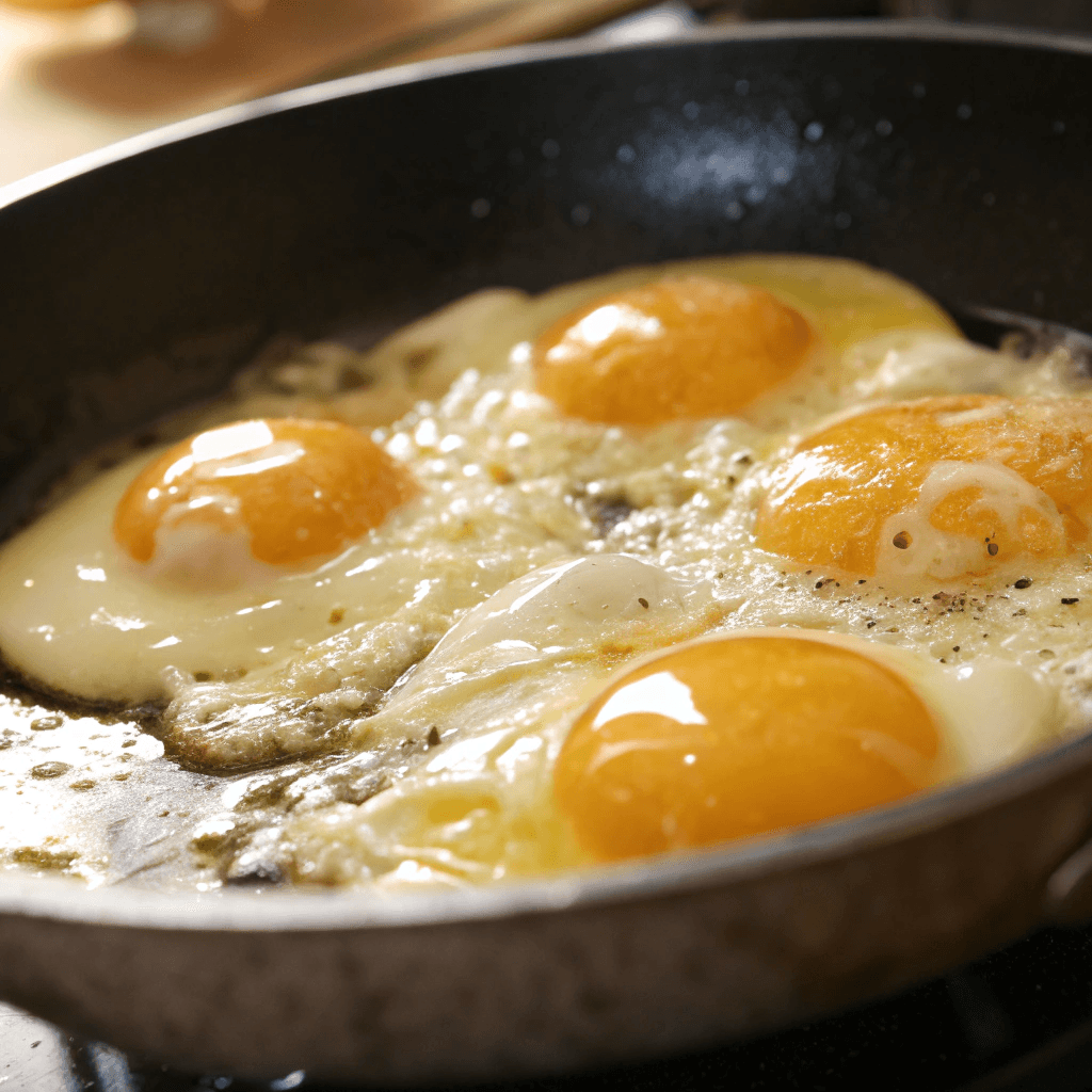 ultra-close-up view of eggs being gently scrambled in the skillet. Butter melts smoothly, and the eggs begin to form tender, creamy folds. A soft glow highlights the golden hue.