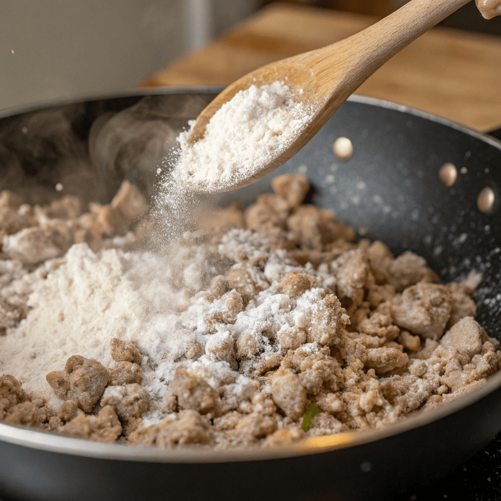 "Ultra-close-up view of flour being sprinkled over turkey sausage crumbles in a skillet. The flour gently coats the meat, blending seamlessly into the dish. A wooden spoon stirs the mixture, ensuring even distribution."