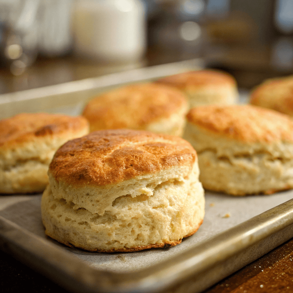 📸 "Ultra-close-up view of freshly baked golden-brown biscuits resting on a baking sheet. The biscuits have a crisp outer layer with visible layers of soft, fluffy dough peeking through the sides. The background is blurred, emphasizing the warm, inviting texture of the biscuits."