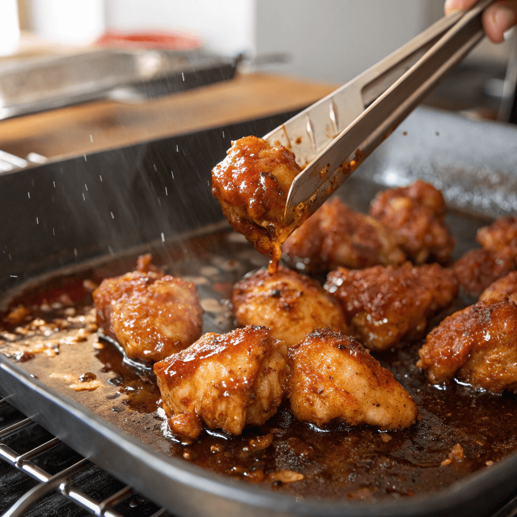 Ultra-close-up view of glistening, sauce-coated chicken bites sizzling under the broiler. The surface is slightly crisp, while the sauce caramelizes around the edges. The background remains softly blurred, highlighting the textures.