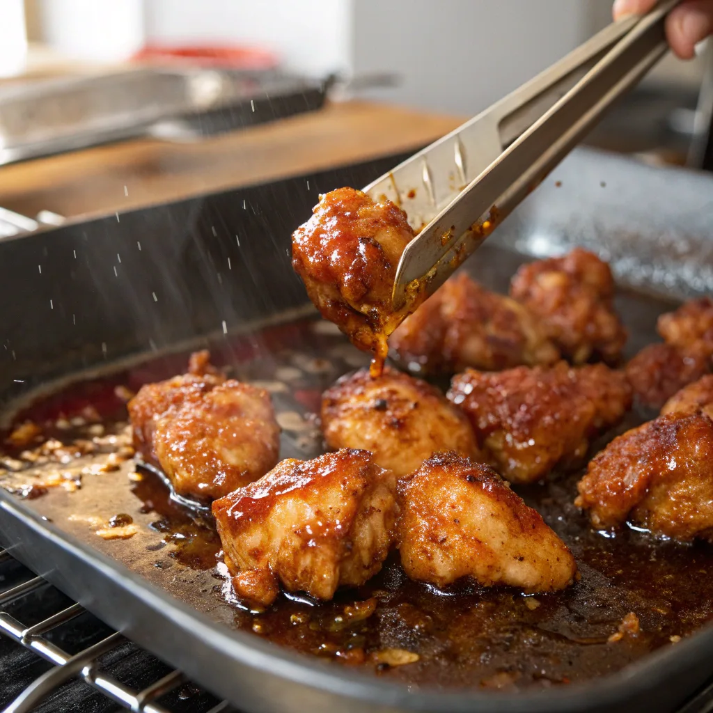 Ultra-close-up view of glistening, sauce-coated chicken bites sizzling under the broiler. The surface is slightly crisp, while the sauce caramelizes around the edges. The background remains softly blurred, highlighting the textures.