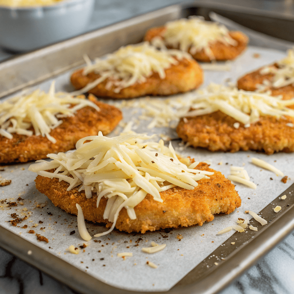 "ultra-close-up view of golden crispy chicken cutlets on a baking sheet, topped with freshly shredded provolone cheese. The cheese is beginning to melt slightly from the heat of the cutlets, creating a mouthwatering scene."