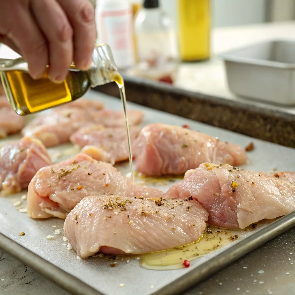 Ultra-close-up view of raw, marinated chicken pieces on a lined baking sheet. The oil lightly coats the pieces, giving them a subtle sheen, while specks of seasoning are visible on the surface. The background remains softly blurred, emphasizing the texture and preparation process.