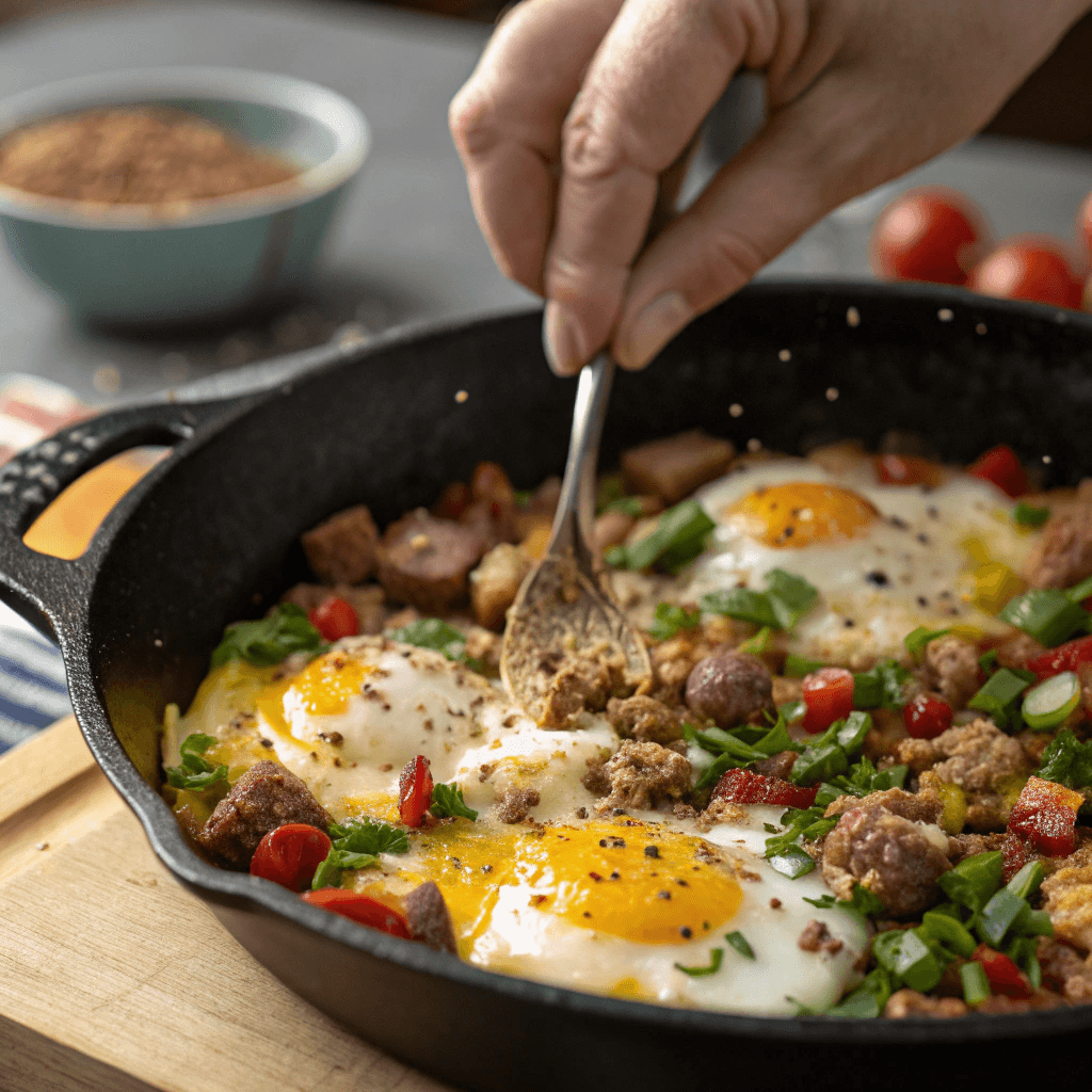 ultra-close-up view of the combined egg, veggie, and sausage mixture in the skillet. A hand sprinkles in the last bit of sausage. Textures and colors harmonize beautifully under soft lighting.