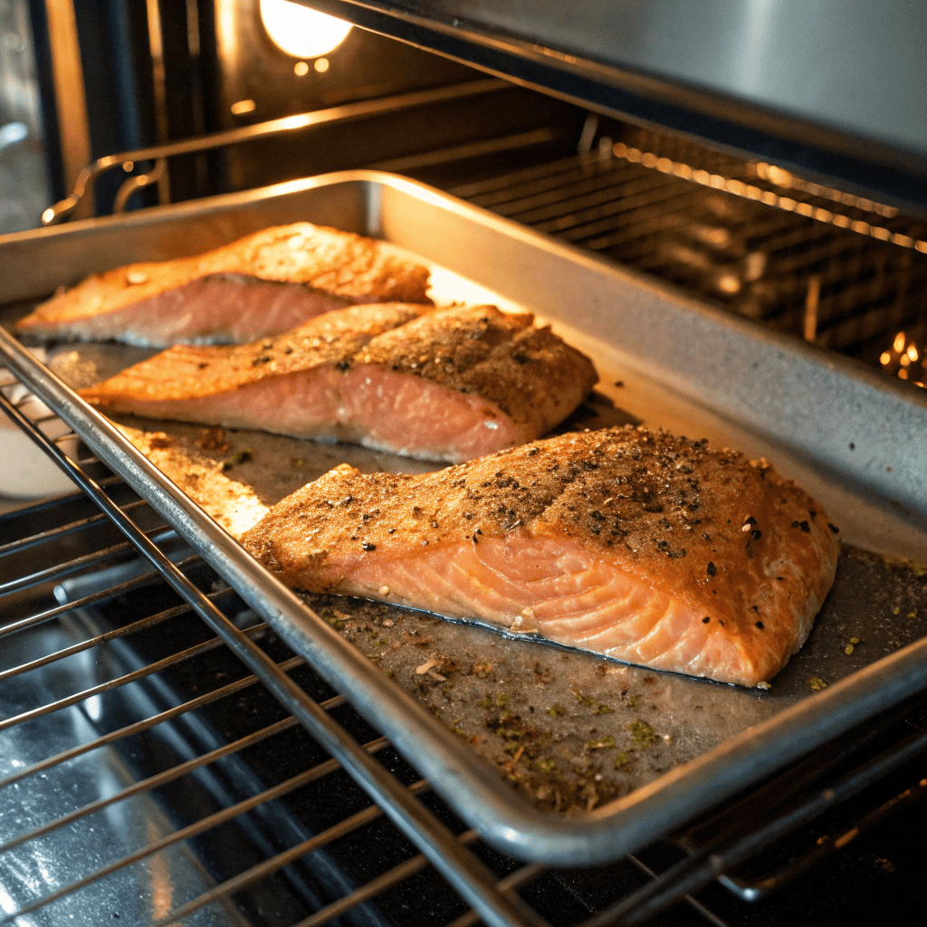 ultra-close-up view of the salmon fillets baking inside the oven, with the crust turning a golden brown under the warm glow of the oven light.