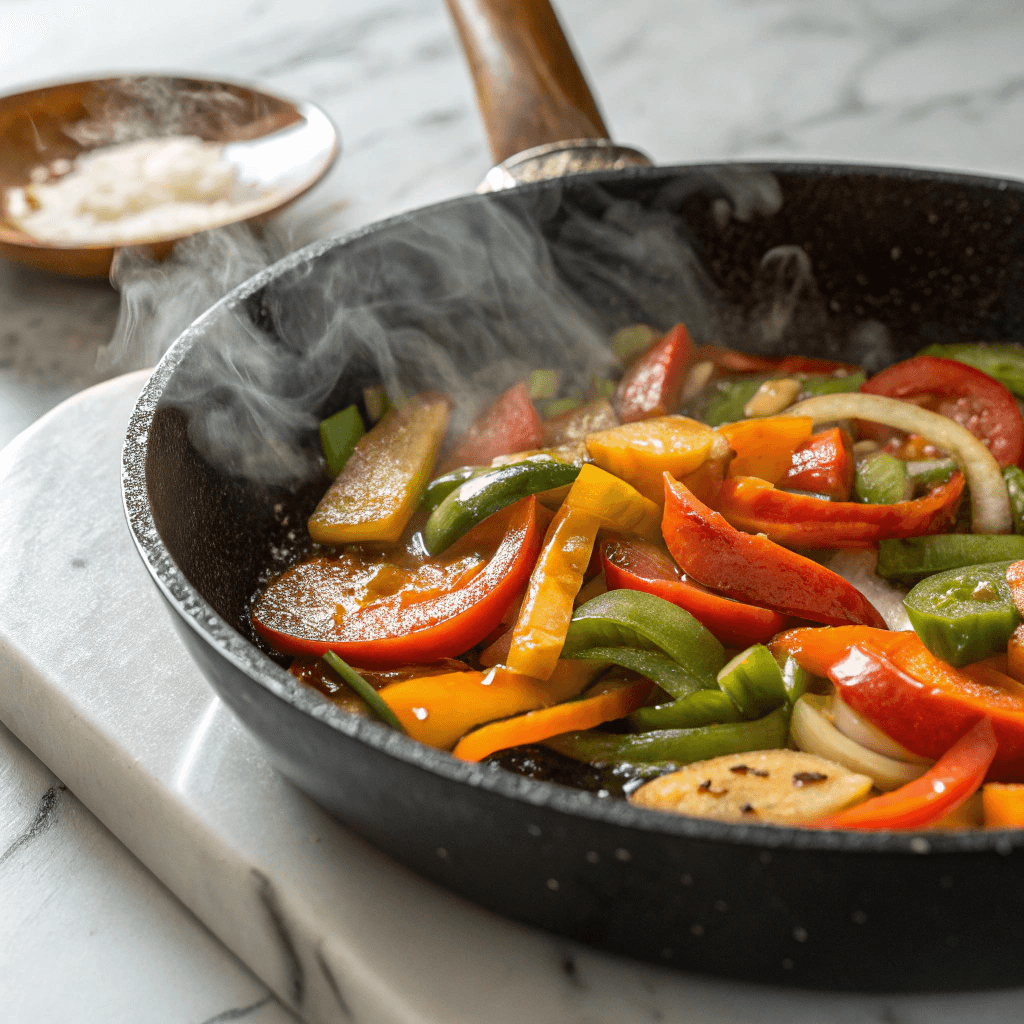 ultra-close-up view of the vegetables sizzling in olive oil inside a skillet on a white marble countertop. Steam rises gently, and the vegetables glisten under natural lighting, emphasizing their rich colors and textures.