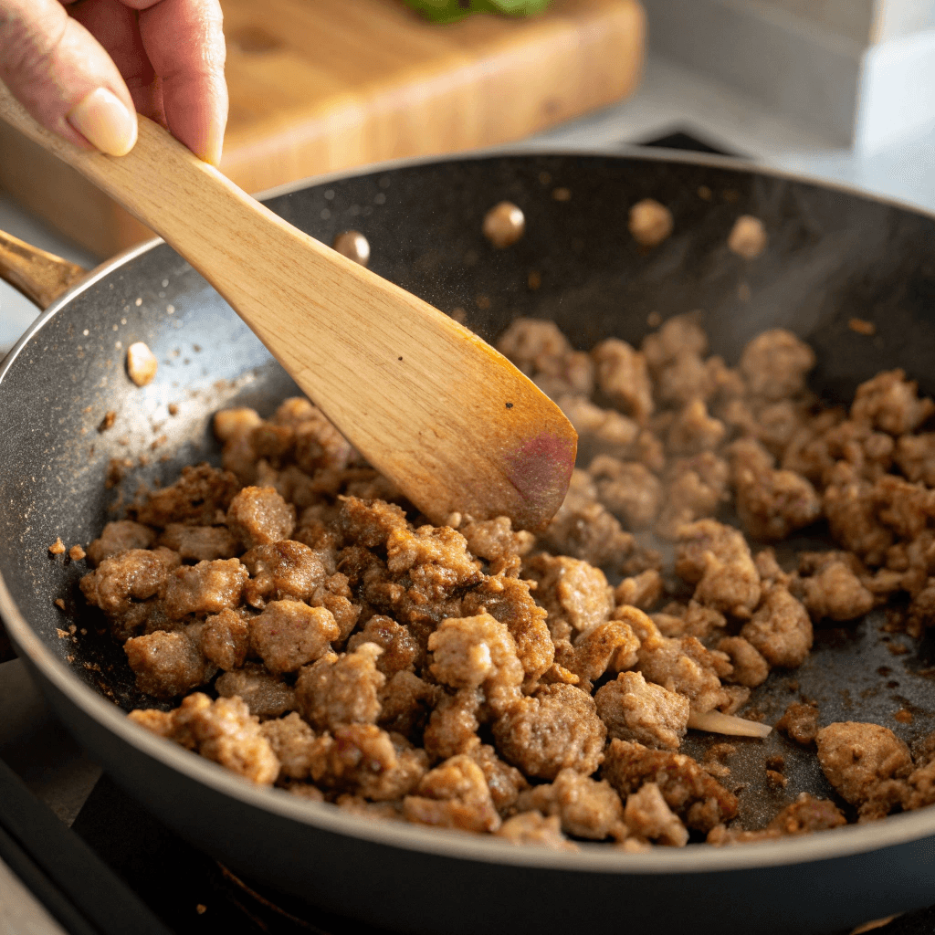 ultra-close-up view of turkey sausage crumbles browning in the skillet. A hand with a wooden spatula stirs the meat. Natural light highlights the golden bits and sizzling edges.