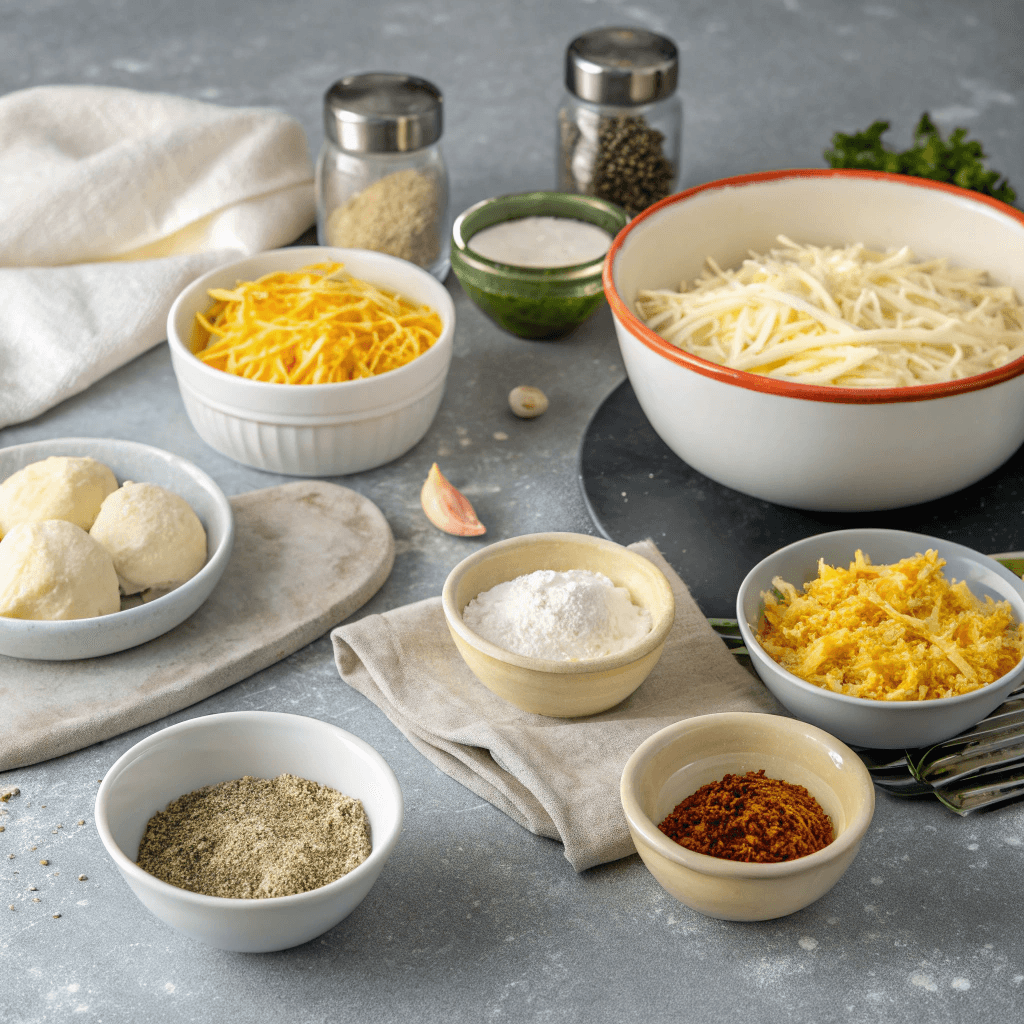 A photograph of a culinary preparation scene with various ingredients and tools spread out on a grey countertop. The ingredients include bowls with different substances such as shredded cheese, spices, and flours. The containers vary in size and shape, and there is a cloth piece nearby. The image is a high-resolution, close-up photograph of a cooking setup with a focus on the ingredients and their arrangement. The image style is straightforward and informative, with a focus on the ingredients and their relationships to the dish being prepared.