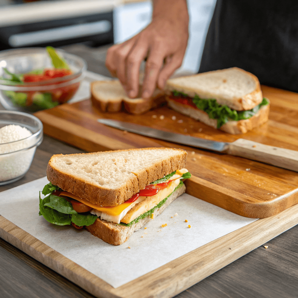 ultra-close-up view of the sandwich being cut diagonally with a serrated knife, revealing the colorful cross-section of veggies inside. The sandwich sits on a bamboo board with a clean, blurred kitchen background. Crumbs and textures are clearly defined under natural lighting.