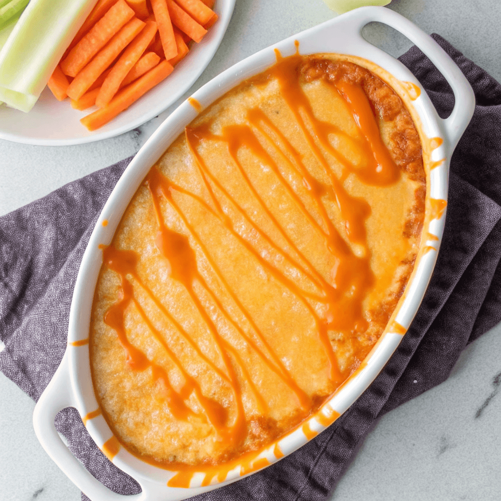 ultra-close-up, high-quality image of a single healthy buffalo chicken dip serving, capturing its gooey melted cheddar, creamy interior, and golden top with intense focus. The dish is in a small white ramekin, tightly framed to highlight the bubbly cheese and slight orange hue from the buffalo sauce. Background is a soft, blurred white to emphasize freshness. Garnished lightly with chopped green onions and a drizzle of buffalo sauce for a vibrant finish.