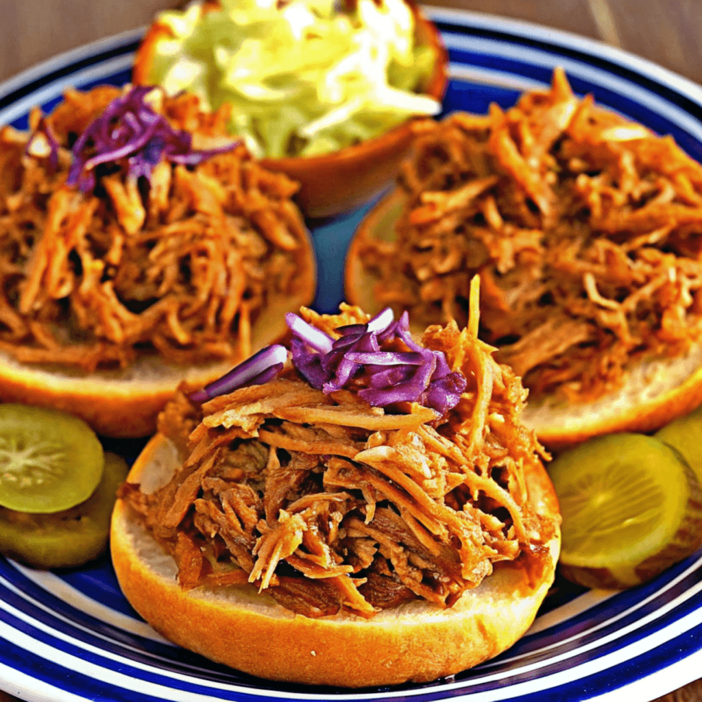 ultra-close-up, high-quality image of a single serving of slow cooker barbecue chicken, capturing the glistening, shredded texture coated in rich BBQ sauce. The chicken is served in a soft sandwich bun with a light toast, sitting on a white plate. The background is softly blurred and completely plain. Natural lighting emphasizes the glossy sauce and tender fibers of the meat. Garnished subtly with fresh parsley, with no other elements in the frame.