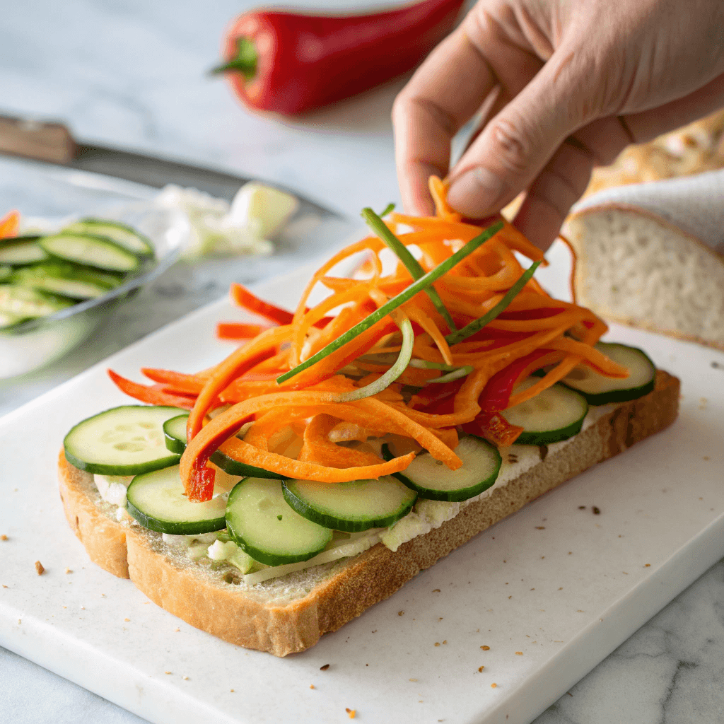 ultra-close-up view of fresh vegetables being layered on the bread slice—shredded carrot and thin cucumber slices fanned out beautifully. The ingredients are placed on a crisp, white marble countertop, with soft shadows to emphasize their vibrant hues. A hand gently places bell pepper strips to complete the layering.