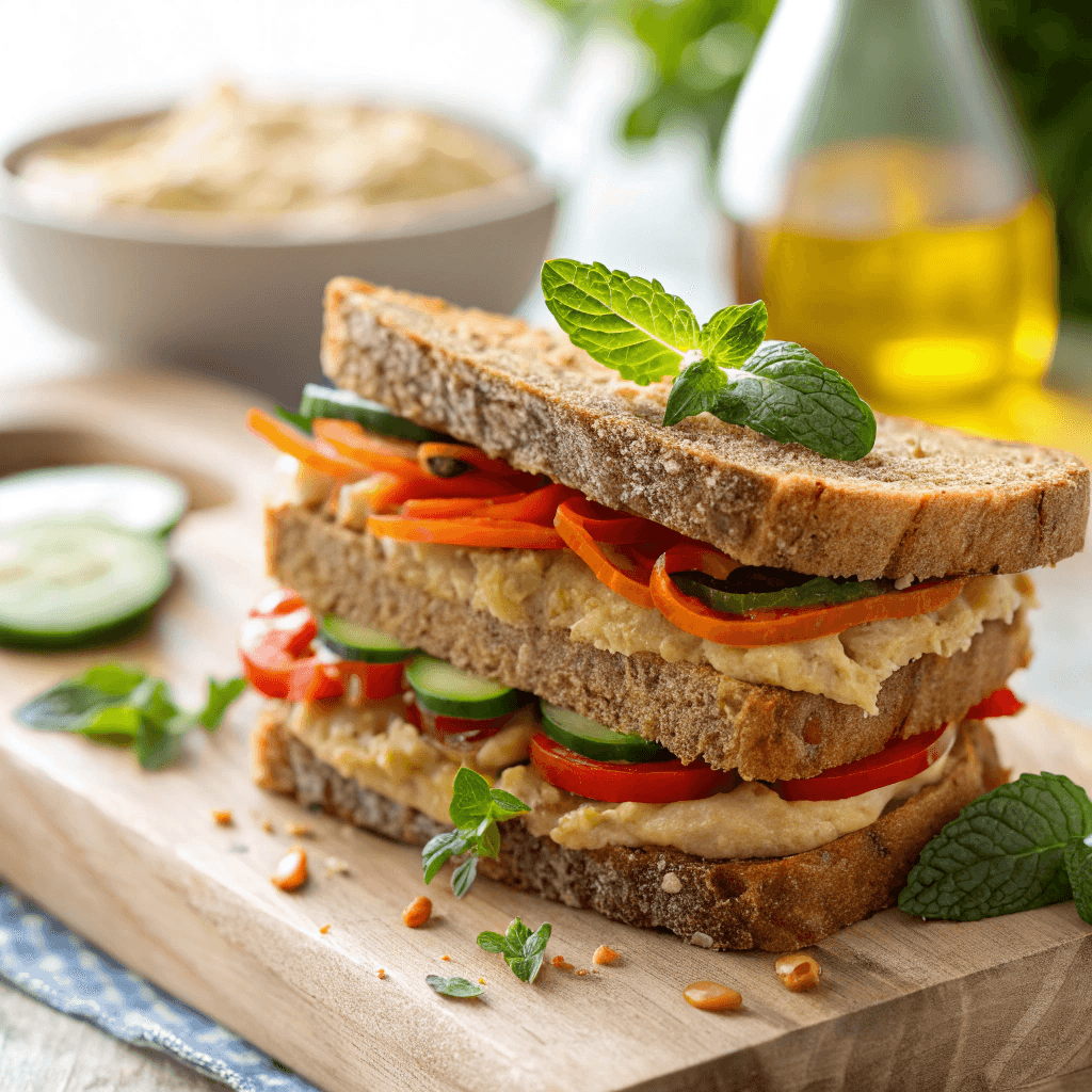 ultra-close-up, high-quality image of a single hummus and veggie sandwich, capturing its textures, colors, and details with intense focus. The sandwich is stacked between whole-grain bread slices, showcasing glossy hummus, vibrant shredded carrot, cucumber slices, and red bell pepper. The background is softly blurred, using bright, natural lighting to highlight the sandwich’s fresh texture. Garnishes like a mint leaf or a drizzle of olive oil subtly accent the scene without overpowering it.