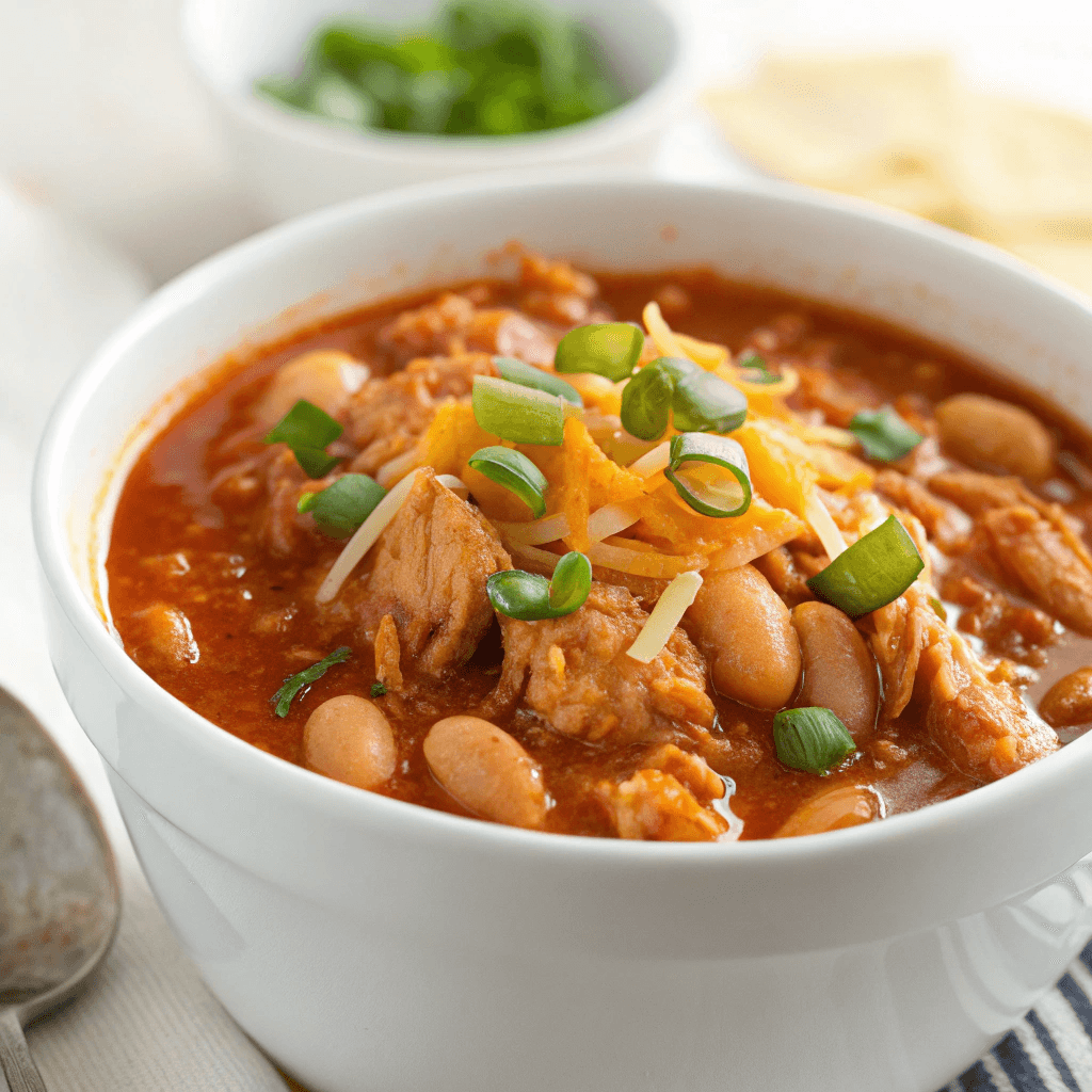 ultra-close-up, high-quality image of a single bowl of buffalo chicken chili, capturing its rich red-orange broth, tender chunks of shredded chicken, and creamy cannellini beans. The dish is served in a white ceramic bowl with a soft-focus plain background. Bright natural lighting enhances the glossy surface of the chili, with subtle highlights on the beans and a light sprinkle of green onions and shredded cheddar. The image excludes any utensils or table setting for a clean, focused presentation.