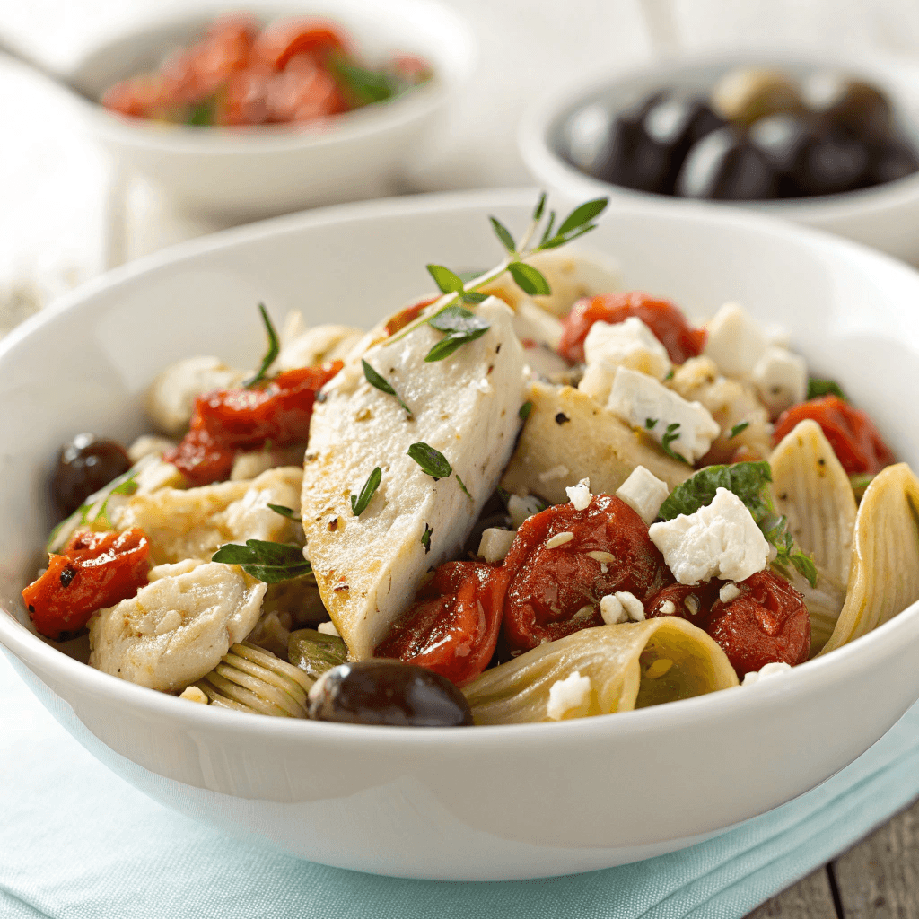 ultra-close-up, high-quality image of a single serving of chicken with artichokes and tomatoes, capturing its textures, colors, and details with intense focus. The dish is plated in a shallow white bowl, tightly framed to highlight juicy chunks of chicken, glistening sundried tomatoes, soft artichoke hearts, glossy olives, and crumbled feta. The background is softly blurred with bright, natural lighting accentuating the fresh ingredients and creamy, slightly melted feta cheese.