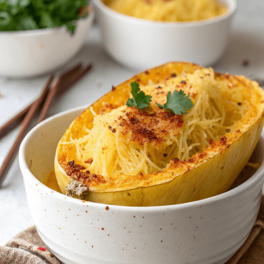 ultra-close-up, high-quality image of a single air fryer spaghetti squash, capturing its glossy, golden strands and gently crisped edges with intense focus. The squash is nestled in a clean white bowl, with a softly blurred neutral background. Natural lighting highlights the squash’s fluffy interior and subtle smoky paprika dusting. Garnished with fresh parsley for a subtle contrast, the image excludes all distractions, focusing solely on the dish's vibrant texture.