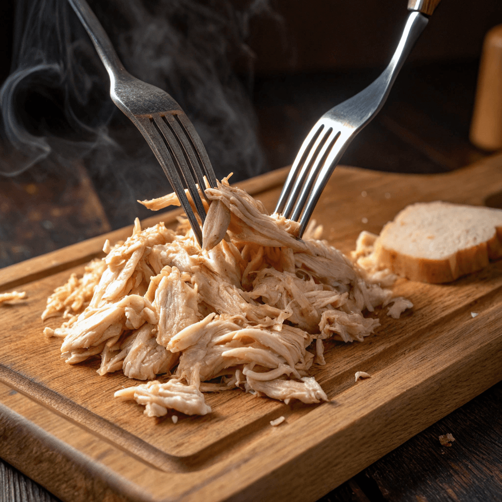 ultra-close-up of shredded chicken being pulled apart by two forks on a wooden cutting board. Steam is still visible. Lighting is warm and highlights the juicy texture of the meat.