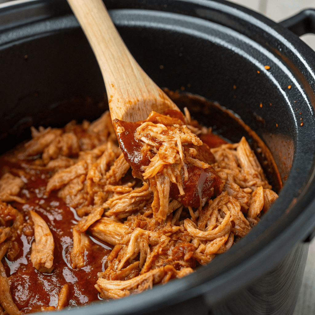 ultra-close-up of shredded chicken inside the slow cooker, now coated in rich BBQ sauce. A wooden spoon is stirring the mixture. Lighting captures the glossy texture of the sauce and the even coating on the chicken.