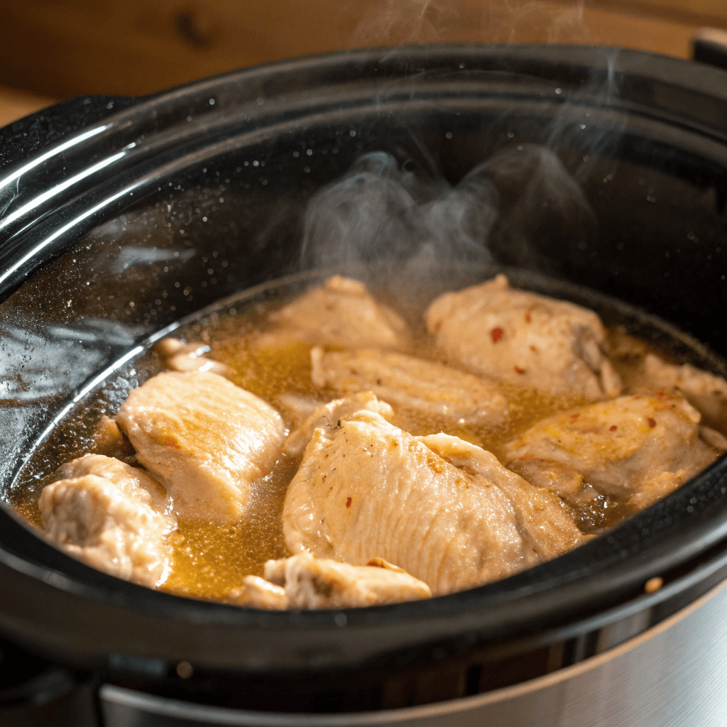 ultra-close-up view inside the slow cooker as chicken simmers gently in liquid. Steam softly rises from the slightly ajar lid. The lighting highlights the glossy surface of the broth forming around the meat.