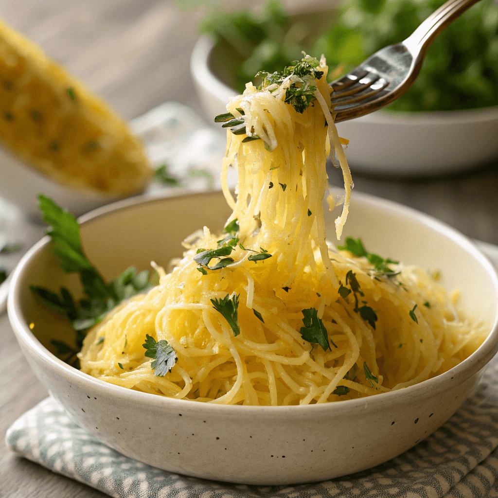 ultra-close-up view of a fork pulling up tender spaghetti squash strands. The textured strands shine under warm light, and fresh herbs rest gently on top for visual appeal.