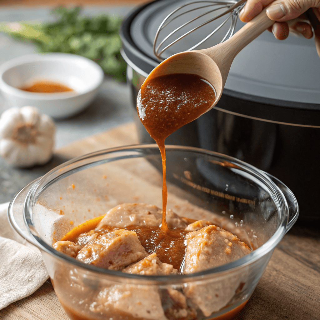ultra-close-up view of a glass bowl filled with a deep amber sauce being poured over chicken in the slow cooker. The sauce glistens under natural light, highlighting flecks of minced garlic. A hand holding a whisk is slightly visible. Background remains softly blurred.